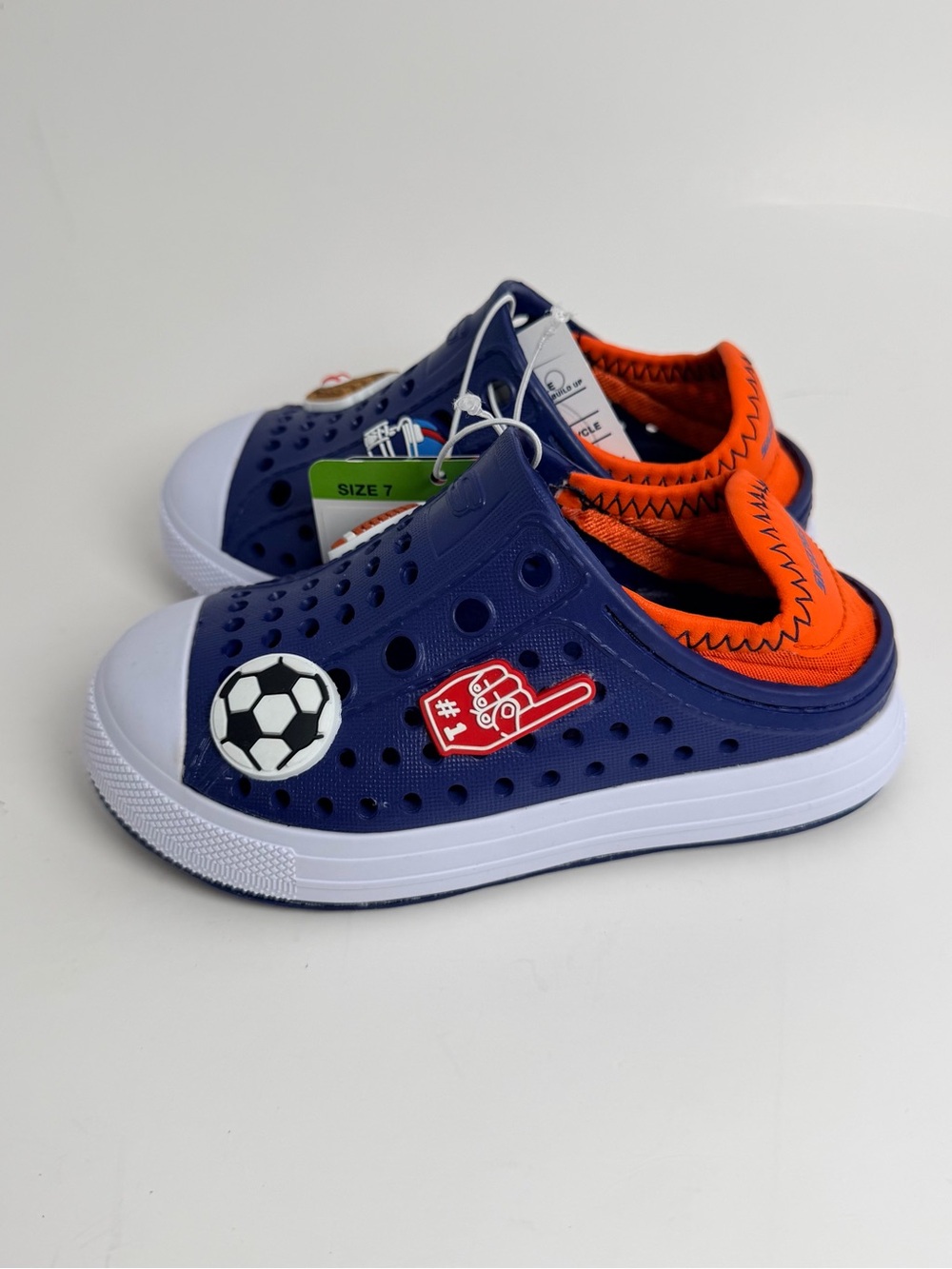 Skechers Navy and Orange Kids Slip-On Sport Clog with Soccer Accents